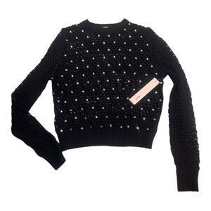 AQUA Sweater Women Small Cotton Black Embellished Crochet Blouses Crystals Soft